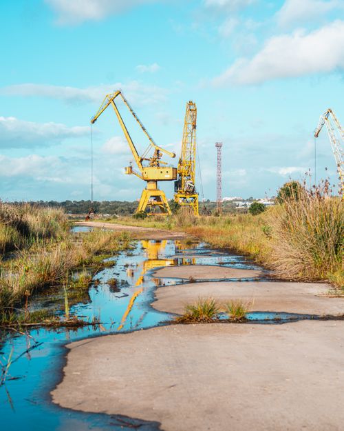 Free Yellow industrial cranes stand tall in a natural landscape with water reflections. Stock Photo