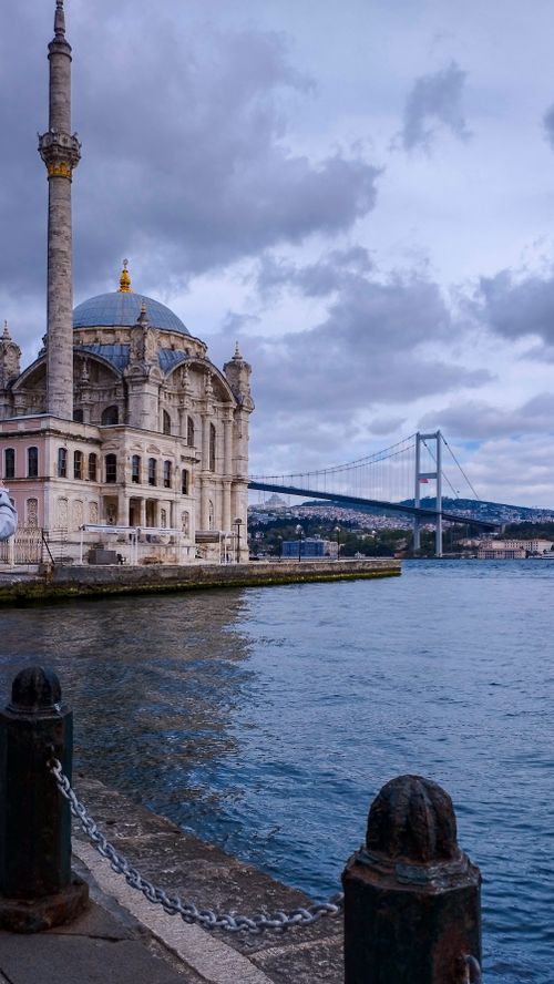 Free Scenic view of the Ortaköy Mosque and Bosphorus Bridge during twilight in Istanbul. Stock Photo