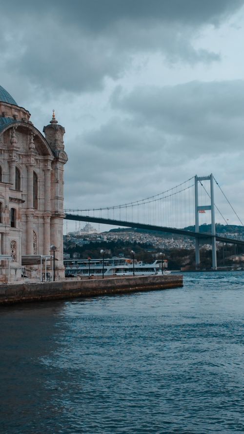 Free Scenic view of Ortaköy Mosque and Bosphorus Bridge, Istanbul, Turkey, against cloudy sky. Stock Photo