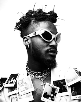 Artistic black and white portrait of a man with Polaroid photos and sunglasses showcasing a modern fashion style.