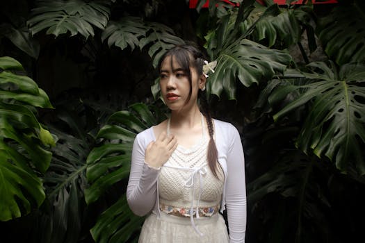 A woman in a white dress poses amidst lush monstera plants outdoors.
