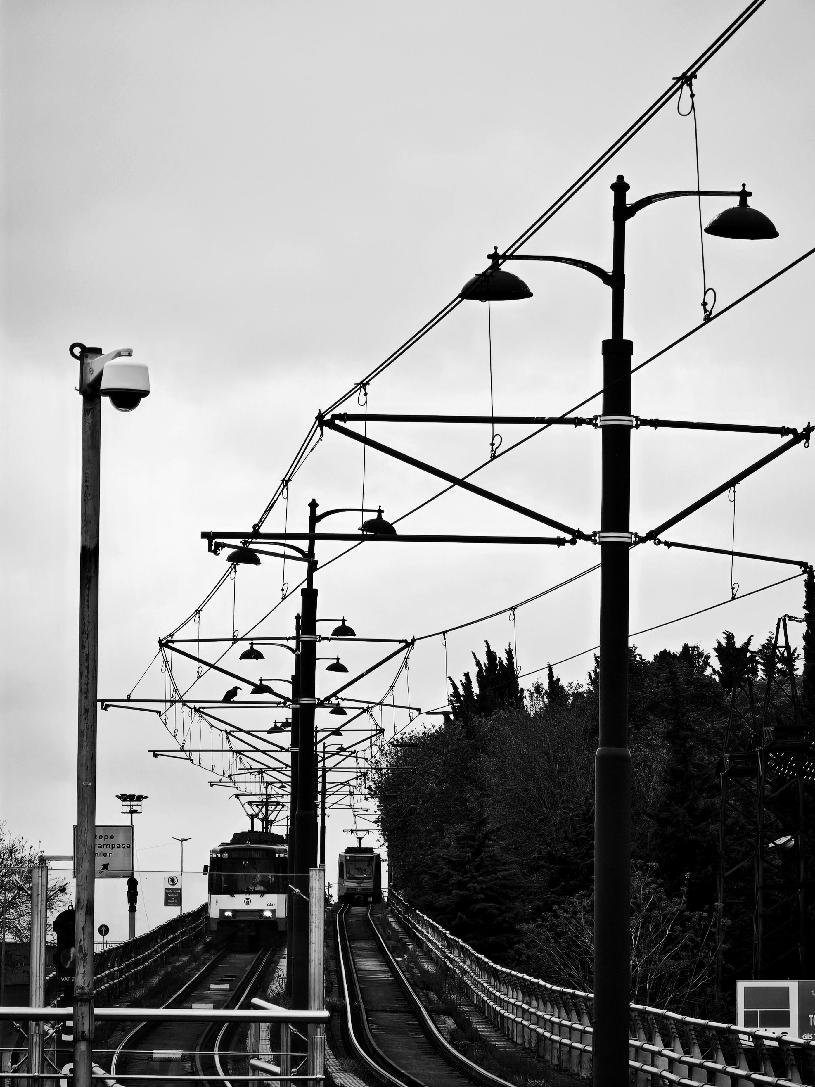 Free Monochrome image of a tram on Istanbul railway line, showcasing urban infrastructure. Stock Photo