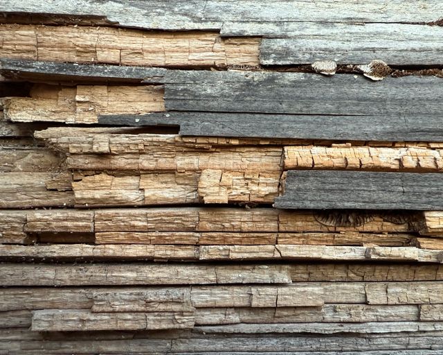Weathered wood showing decay Close-up of old weathered wood boards showing cracks and wear