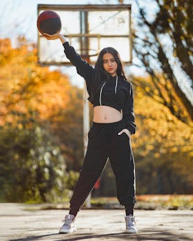 A fashionable young woman poses with a basketball in a Tehran park during autumn.