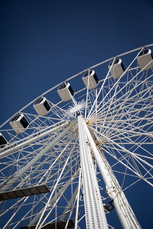 Free Low angle shot of a Ferris wheel in Bournemouth, England, against a clear blue sky. Stock Photo
