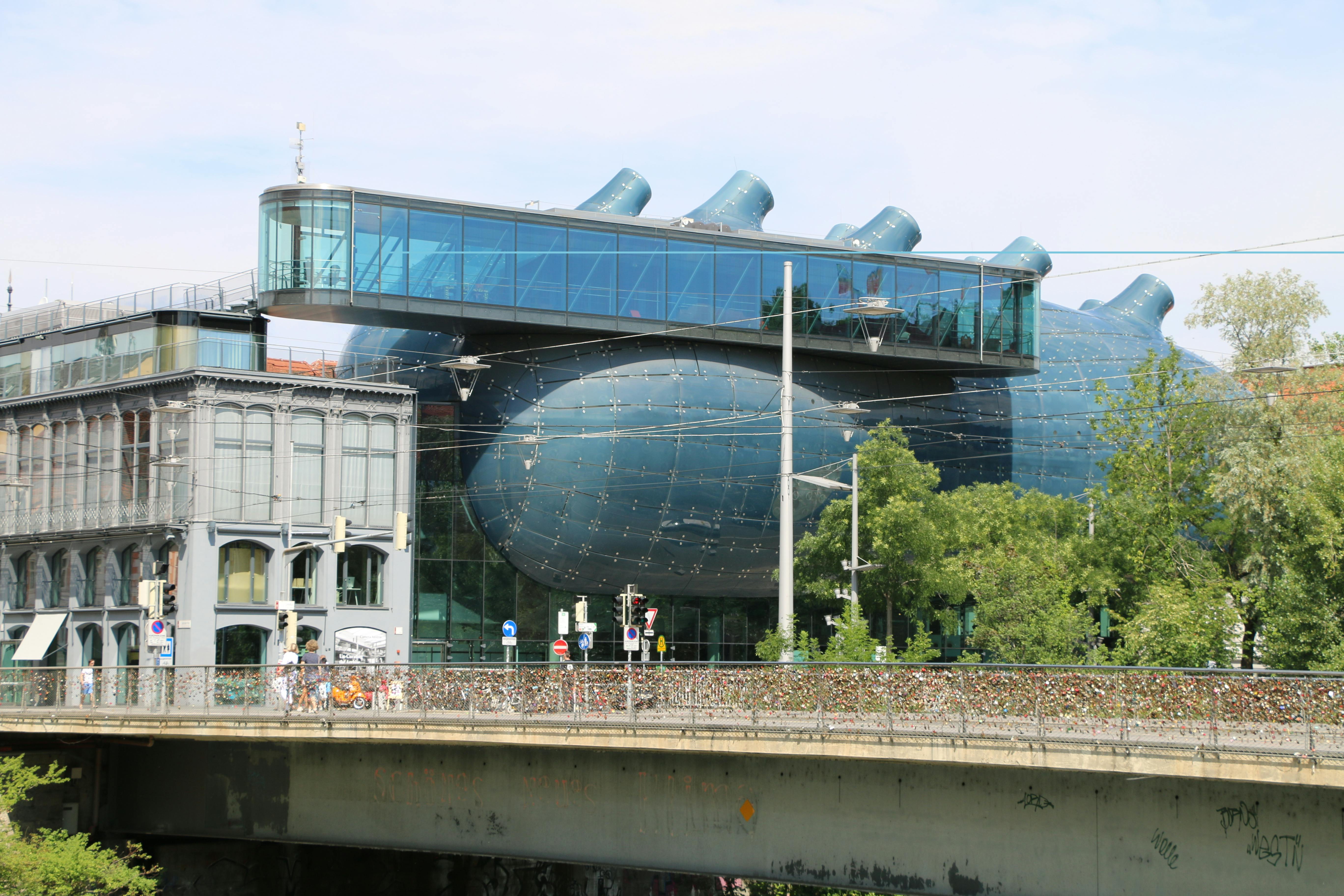 Exterior view of the Kunsthaus Graz, a modern art museum in Styria. - Graz