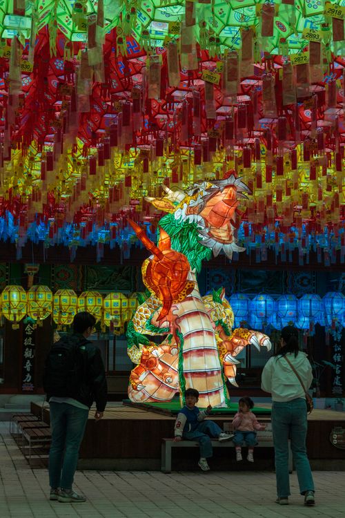 Free Visitors admire a vibrant dragon lantern display at a festive lantern festival. Stock Photo