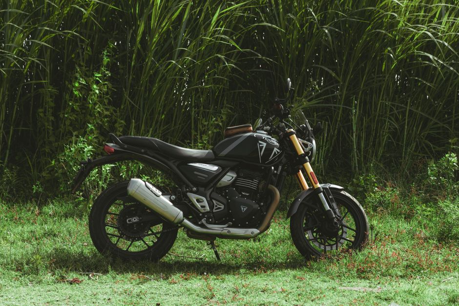 A stylish black motorcycle parked against a backdrop of lush greenery.