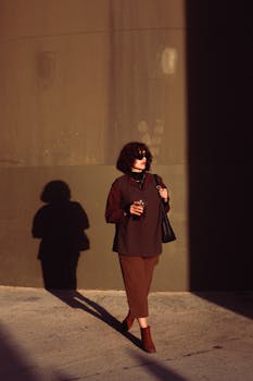 Fashionable woman in brown attire strolls with drink during sunset casting long shadows.