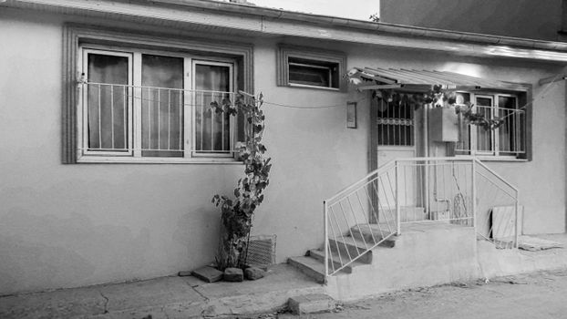 A simple residential facade in black and white, featuring a small staircase and window.