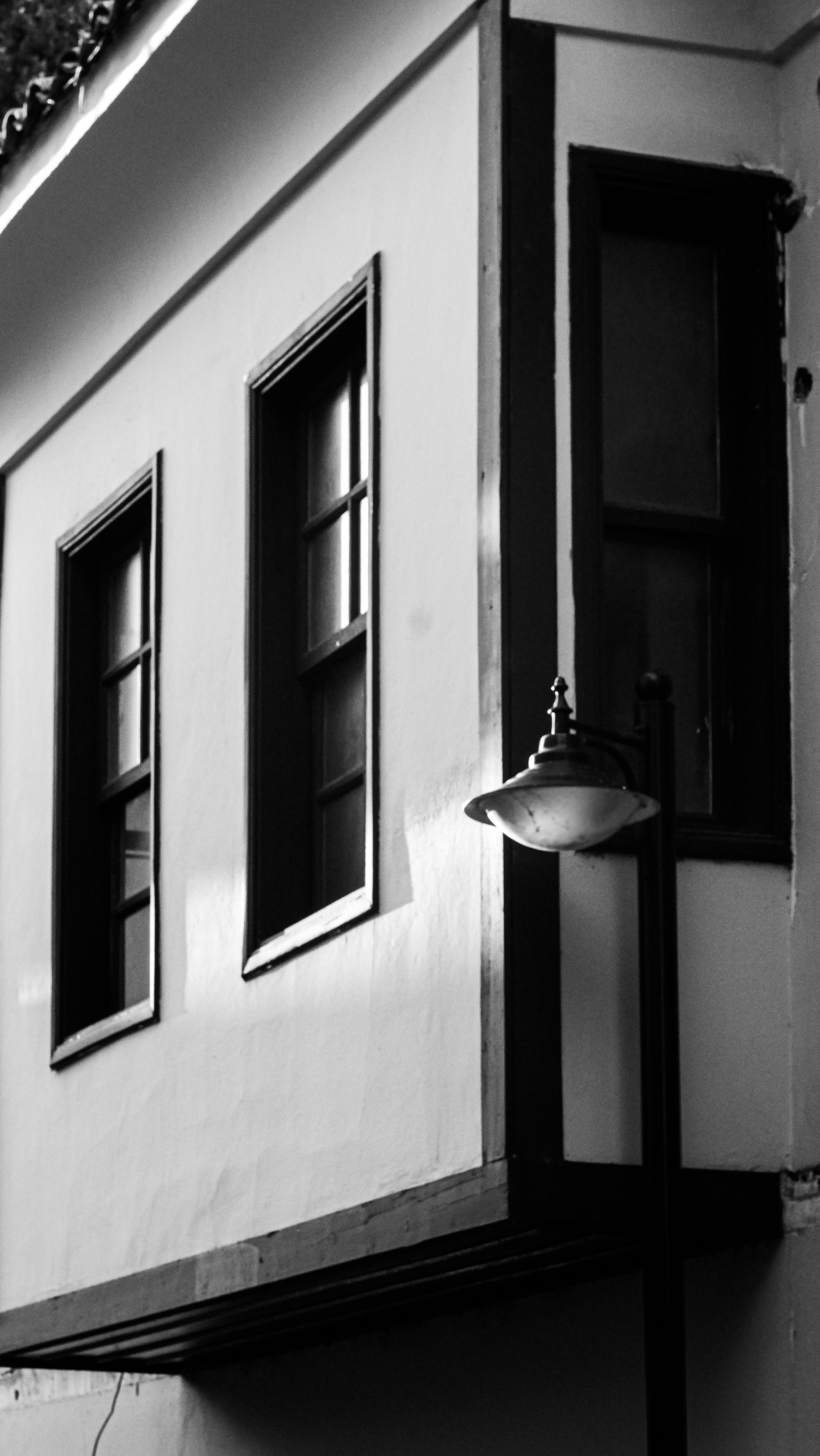 Black and white photo of a classic building with a vintage lamp, evoking nostalgia.