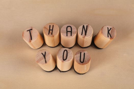 Wooden letter stamps spelling out 'Thank You' on a light background.