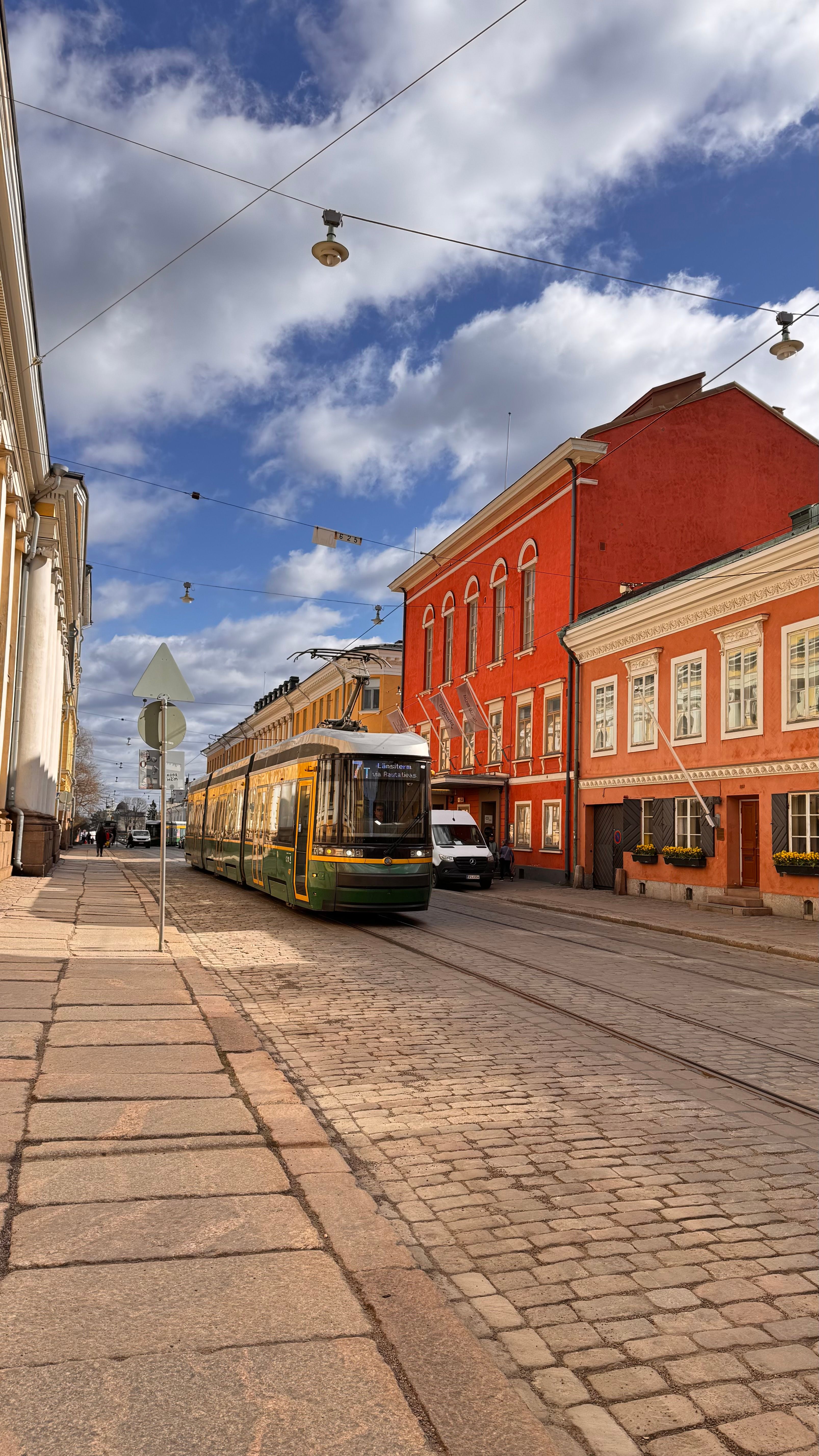 Tram on a city street in Helsinki, Finland