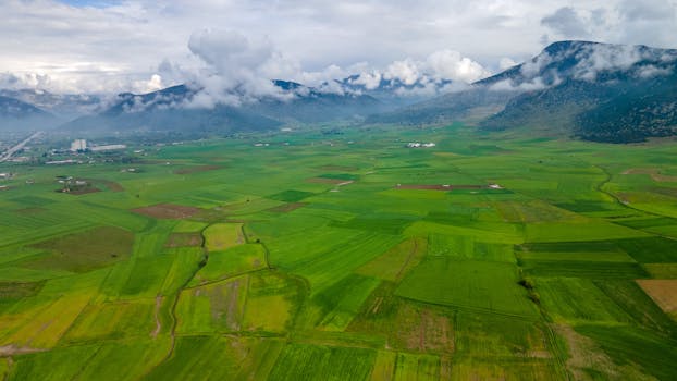 A breathtaking aerial view of green fields with mountains in Bucak, Türkiye.