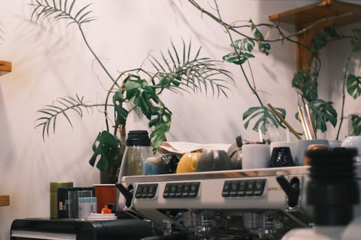 Inviting coffee shop ambiance with espresso machine and lush greenery.