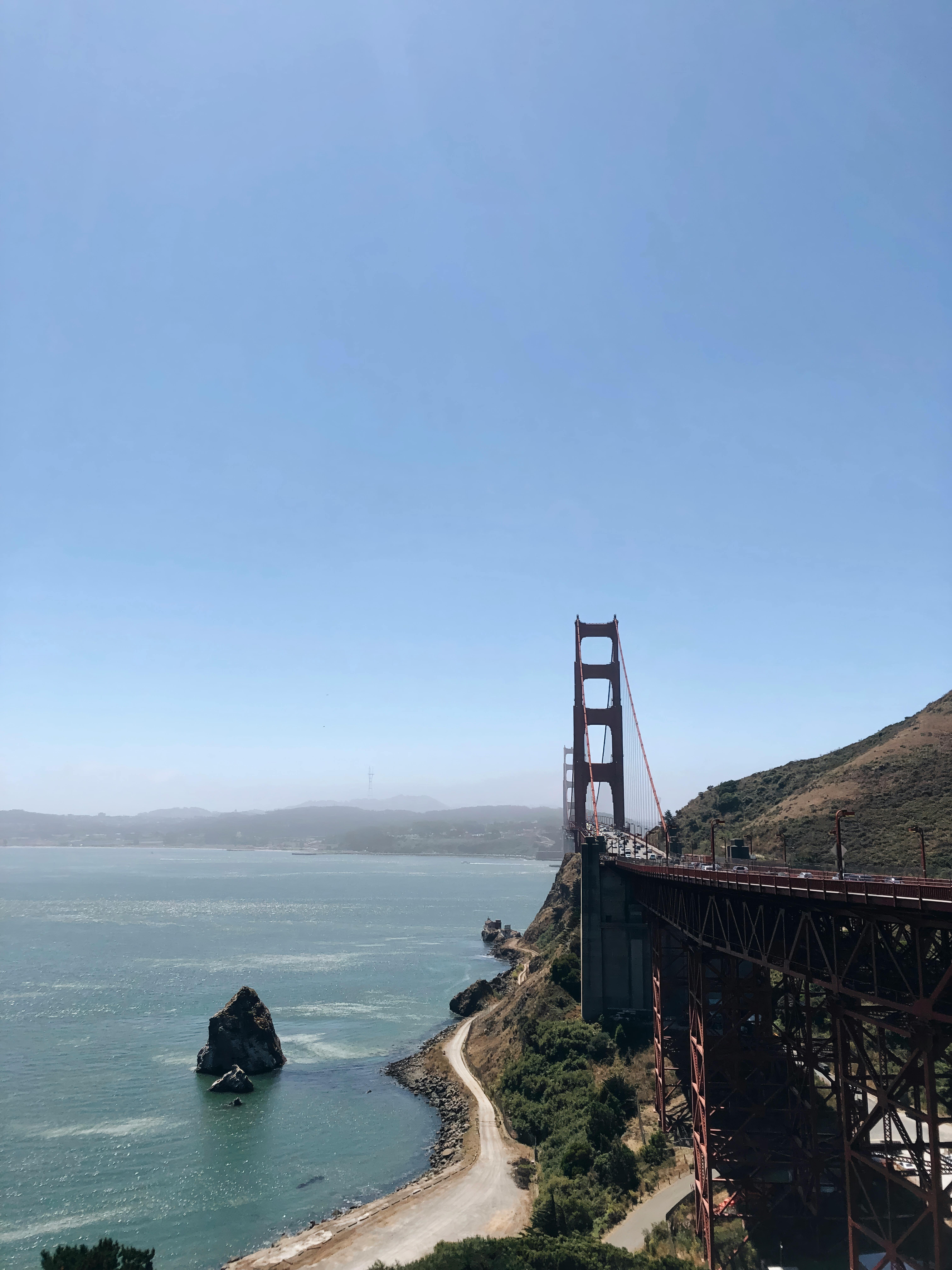 Stunning view of the Golden Gate Bridge stretching across San Francisco Bay under a clear blue sky.