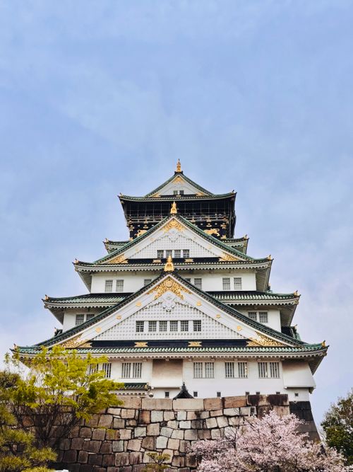 Free Capture of Osaka Castle, a historic landmark in Japan, with springtime cherry blossoms. Stock Photo