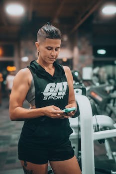 Athletic woman in gym attire checking phone during workout session with gym equipment in background.