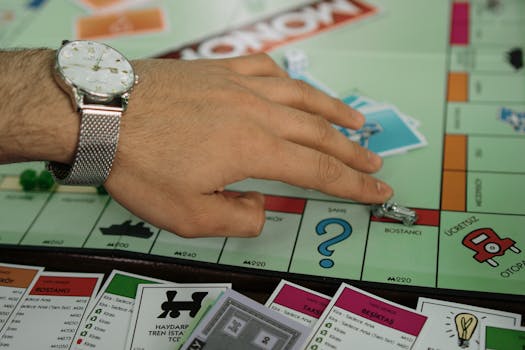 A hand reaching for a Monopoly piece on a unique game board with colorful properties.