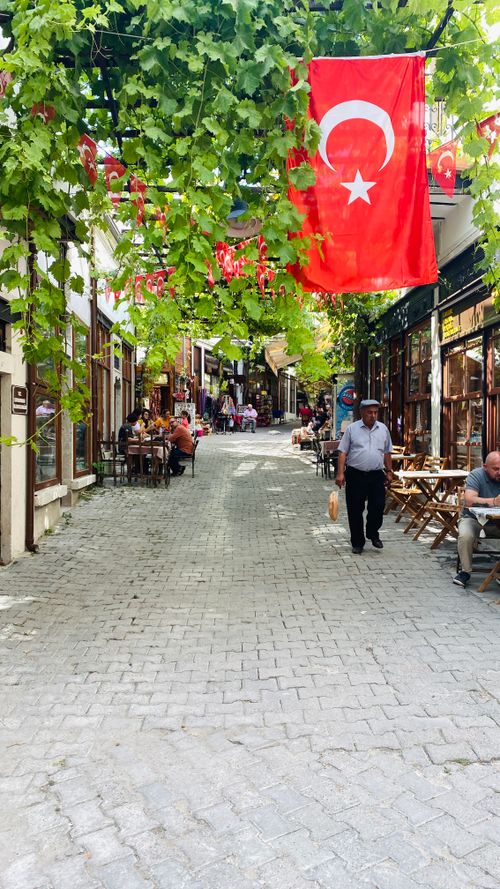 Free Picturesque street with shops and cafes under grapevines in Turkey, featuring the Turkish flag. Stock Photo