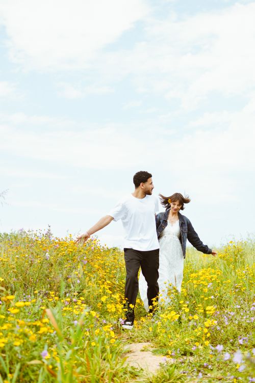 Free A couple enjoying a joyful walk in a colorful wildflower field under a bright sky. Stock Photo
