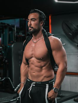 Strong, confident man displays fitness and muscular physique in gym environment.