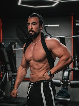 Muscular man posing in a modern gym, showcasing fitness and strength.