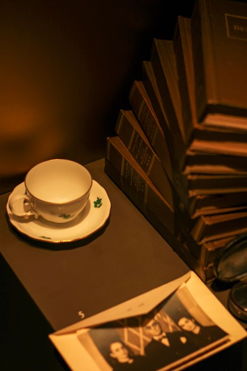 Free Stack of vintage books, teacup, and old photographs create a warm, nostalgic scene. Stock Photo