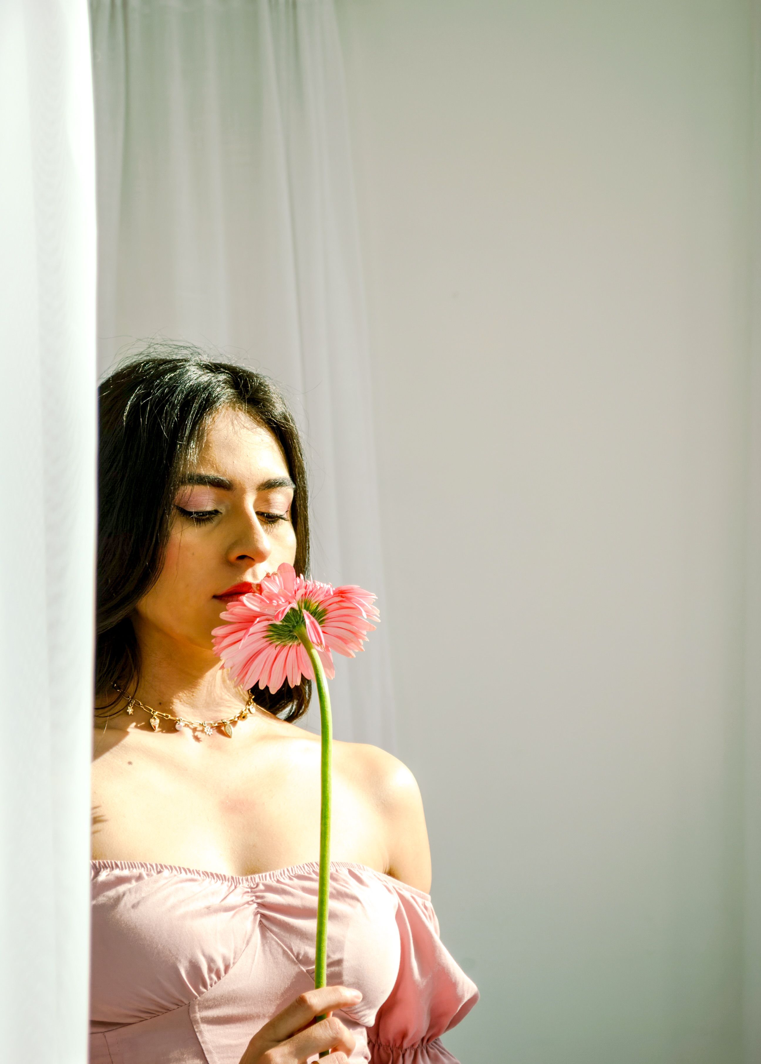 Woman in Pink Dress Holding a Pink Gerbera Flower · Free Stock Photo