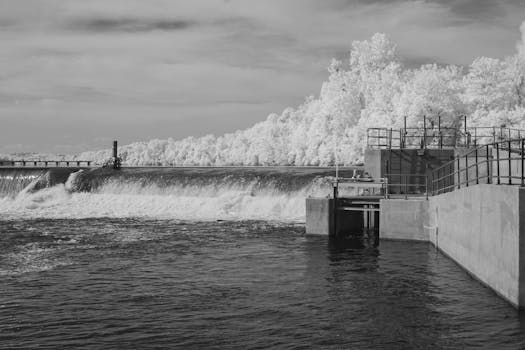 Monochrome infrared photo of a dam over a river in Columbia, South Carolina, showcasing unique infrared aesthetic.