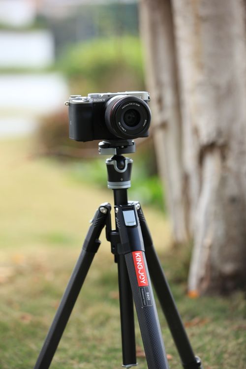 Free High-quality camera set on a sturdy tripod outdoors with a blurred natural background. Stock Photo