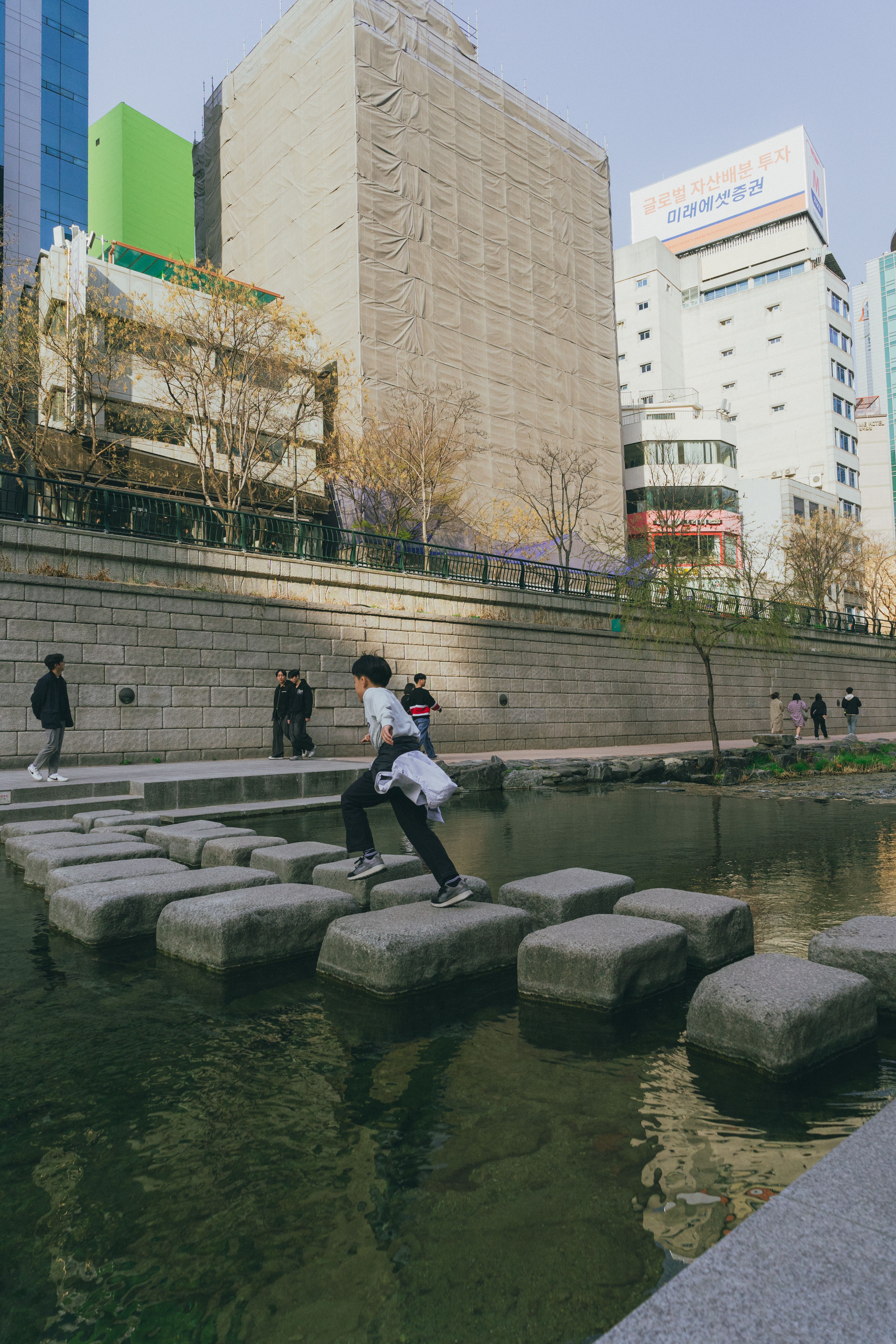 Urban Scene in Seoul with Pedestrians and Stone Path