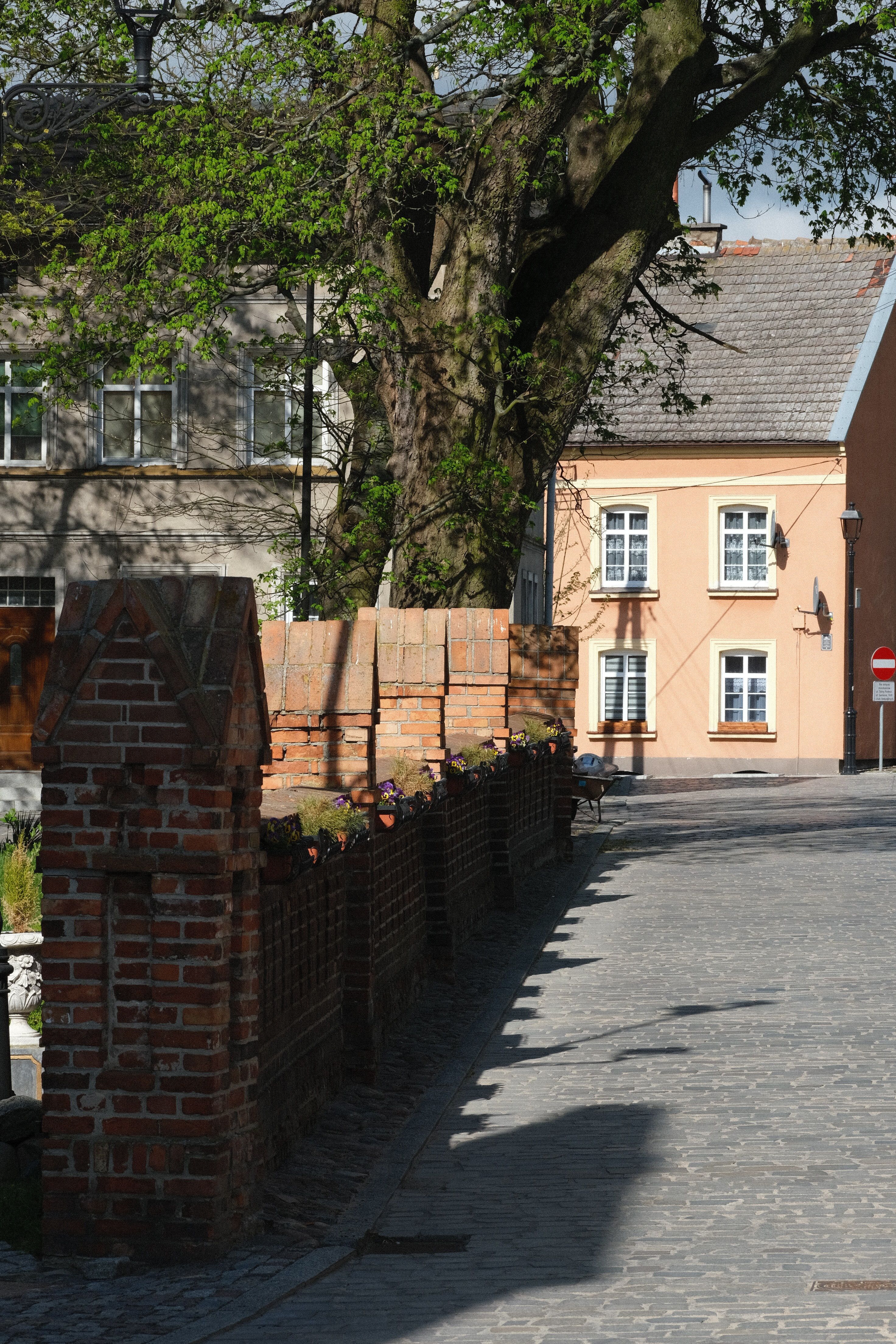 Bezpłatne Spokojna, historyczna ulica z ceglanymi ścianami i pastelowym domem w jasnym słońcu. Zdjęcie z galerii