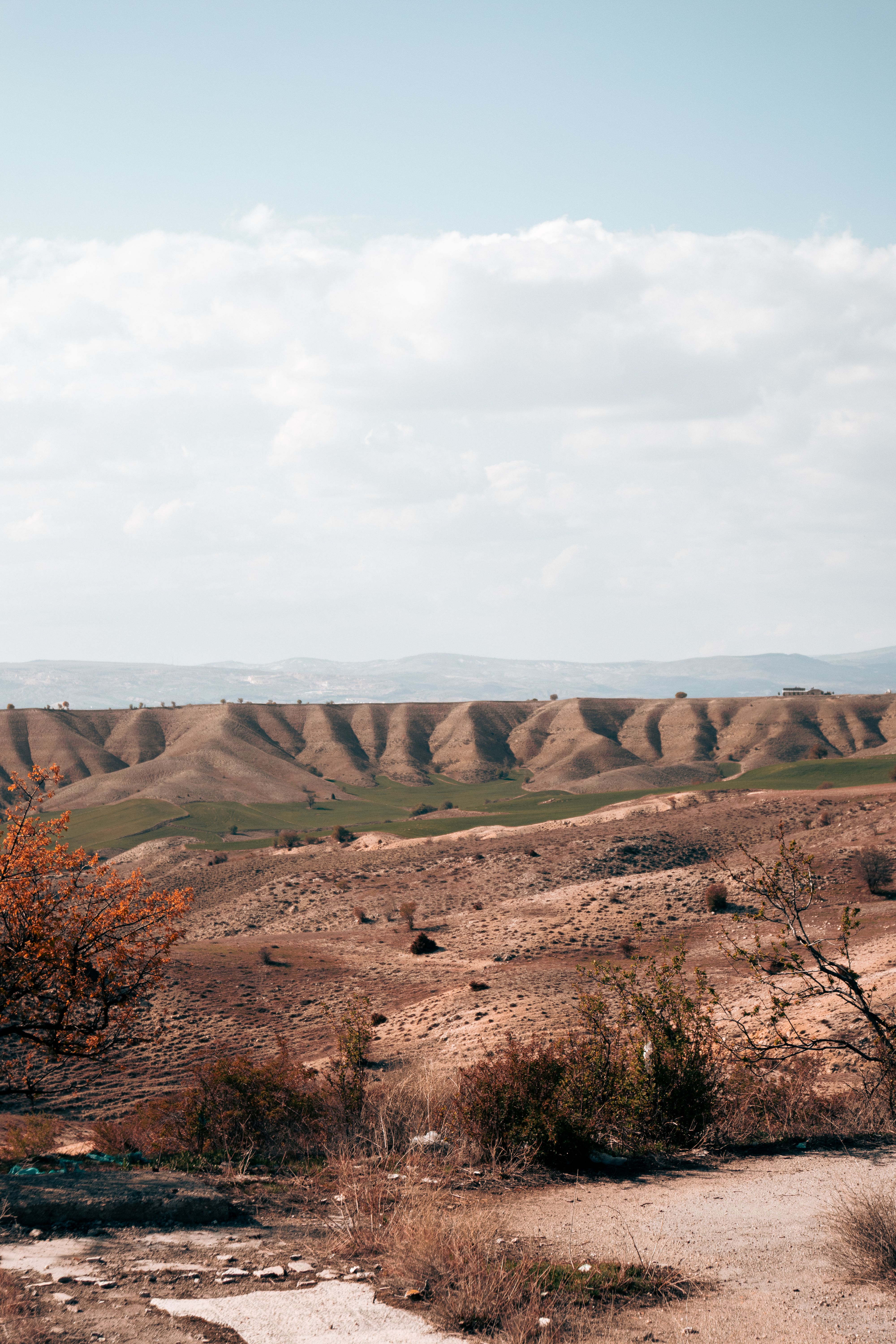 Picturesque landscape of Güvenç Göleti in Turkey with rolling hills and a serene sky.