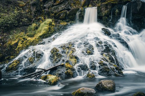 Free Serene waterfall cascading over rocks in a lush forest setting, perfect for nature-themed designs. Stock Photo