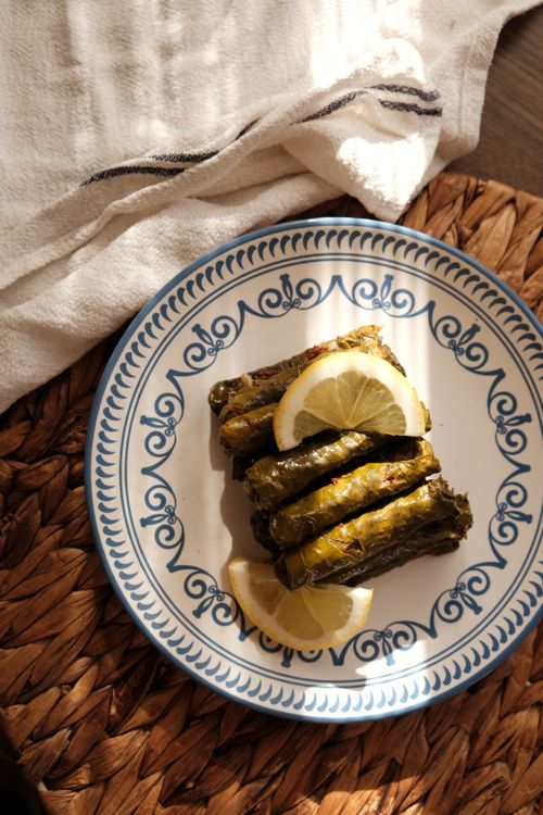 Free Stuffed grape leaves (dolma) on a decorative blue plate with lemon slices, capturing traditional Turkish cuisine. Stock Photo