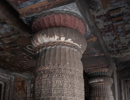 Detailed stone column in the Ajanta Caves showcasing ancient Indian rock-cut architecture.