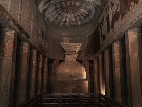 Explore the ancient Ajanta Cave in Maharashtra, India featuring a historic stupa.