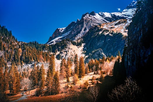 Vibrant autumn landscape of the Swiss Alps in Bex, Switzerland, showcasing alpine trees and mountains.