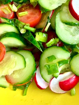 A vibrant salad featuring cucumbers, radishes, and tomatoes, perfect for summer.