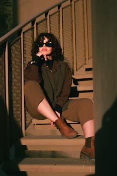 Fashionable woman in sunglasses sitting on stairs, exuding confidence and style.