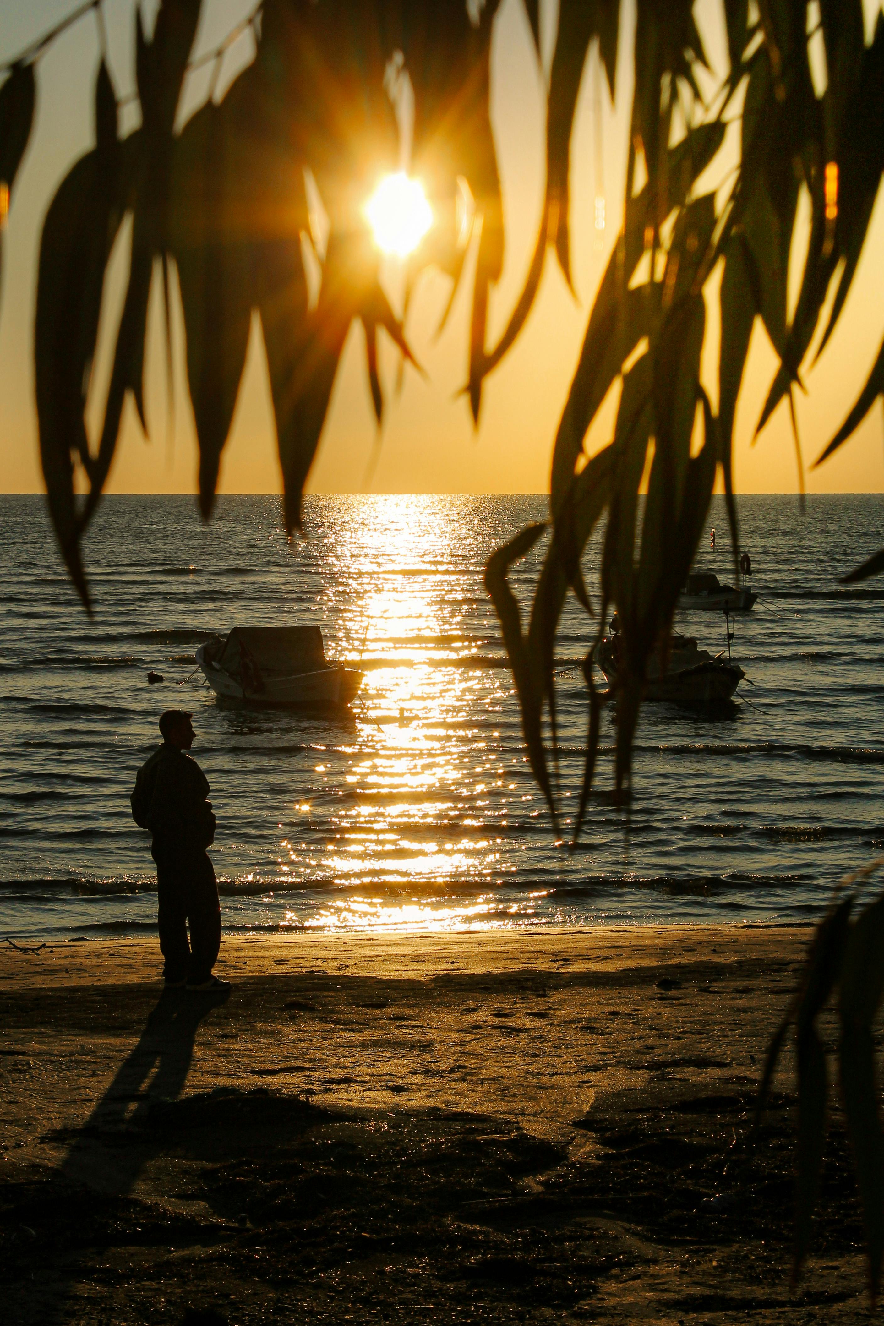 Silhouette of a person standing by the sea during a golden sunset with boats in the background.