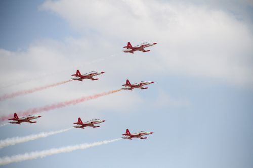 Free Impressive aerobatic formation of Turkish Stars aircraft in a clear sky. Stock Photo