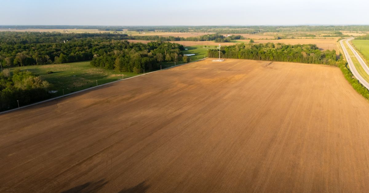 Drone view of a large crop field bordered by dense forest, under a clear blue sky.