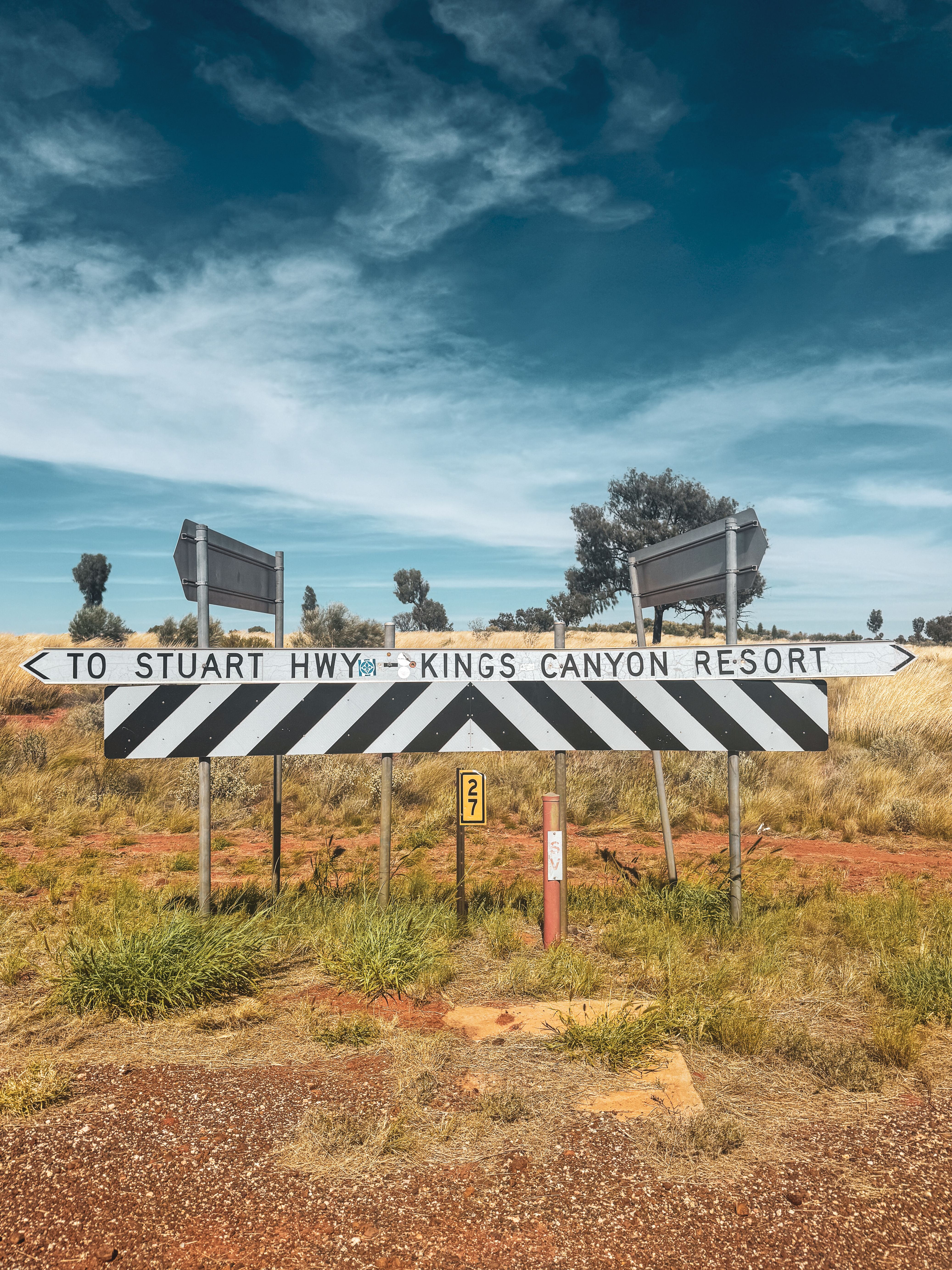 Stuart Highway sign pointing towards Kings Canyon in remote Central Australia