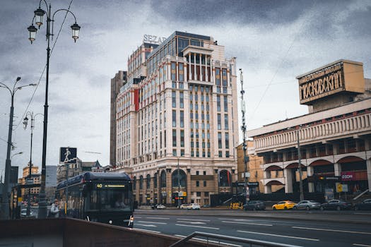 Captivating street view of Moscow showcasing elegant architecture and daily urban life.