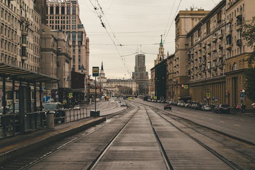 A detailed street view of Moscow's urban landscape featuring historic architecture and vintage atmosphere.