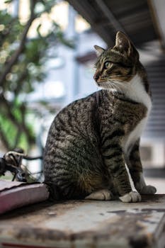 一只迷人的条纹虎斑猫坐在户外凝望，其引人注目的皮毛图案格外显眼