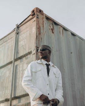 Portrait of a man in sunglasses and white jacket by a shipping container.