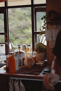 A rustic kitchen countertop with fresh juice, plants, and utensils by a window.